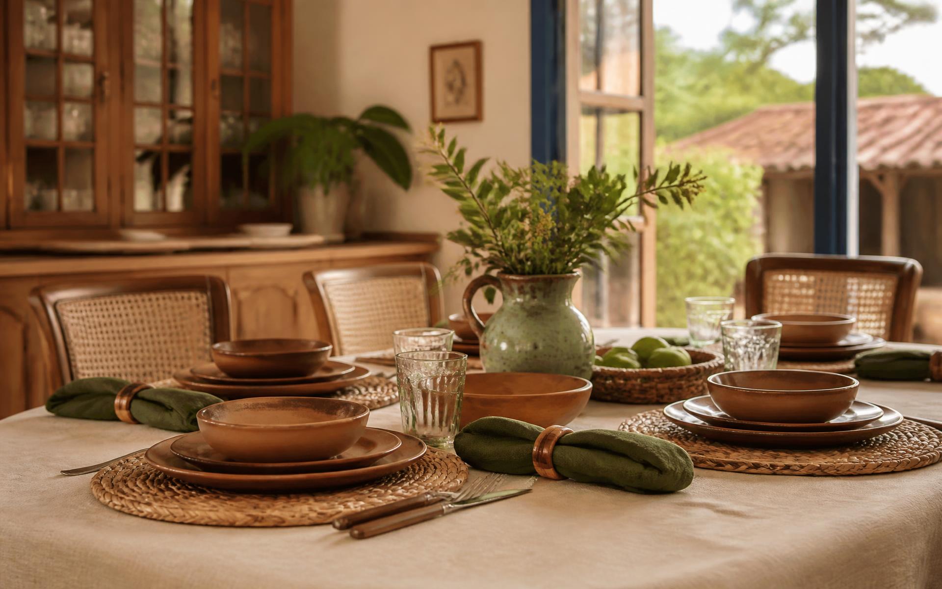 Mesa posta com sousplats de fibra natural, guardanapos verdes e louça caramelo em casa de campo